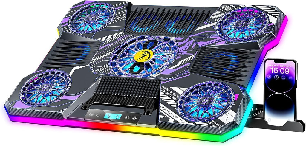 Almohadilla de enfriamiento RGB para laptop, ventilador de laptop para juegos, 9 ventiladores para portátiles de 15.6 a 19.3 pulgadas, enfriador de laptop con 8 soportes de altura, 2 puertos