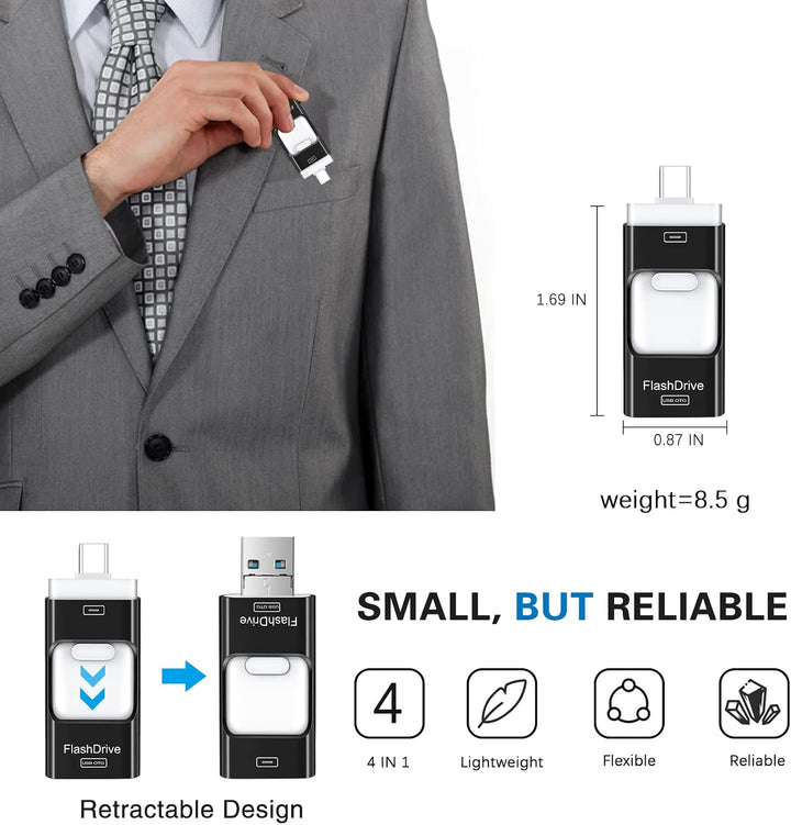 Unidad flash para iPhone 256GB, 4 en 1 USB tipo C, memoria USB tipo...