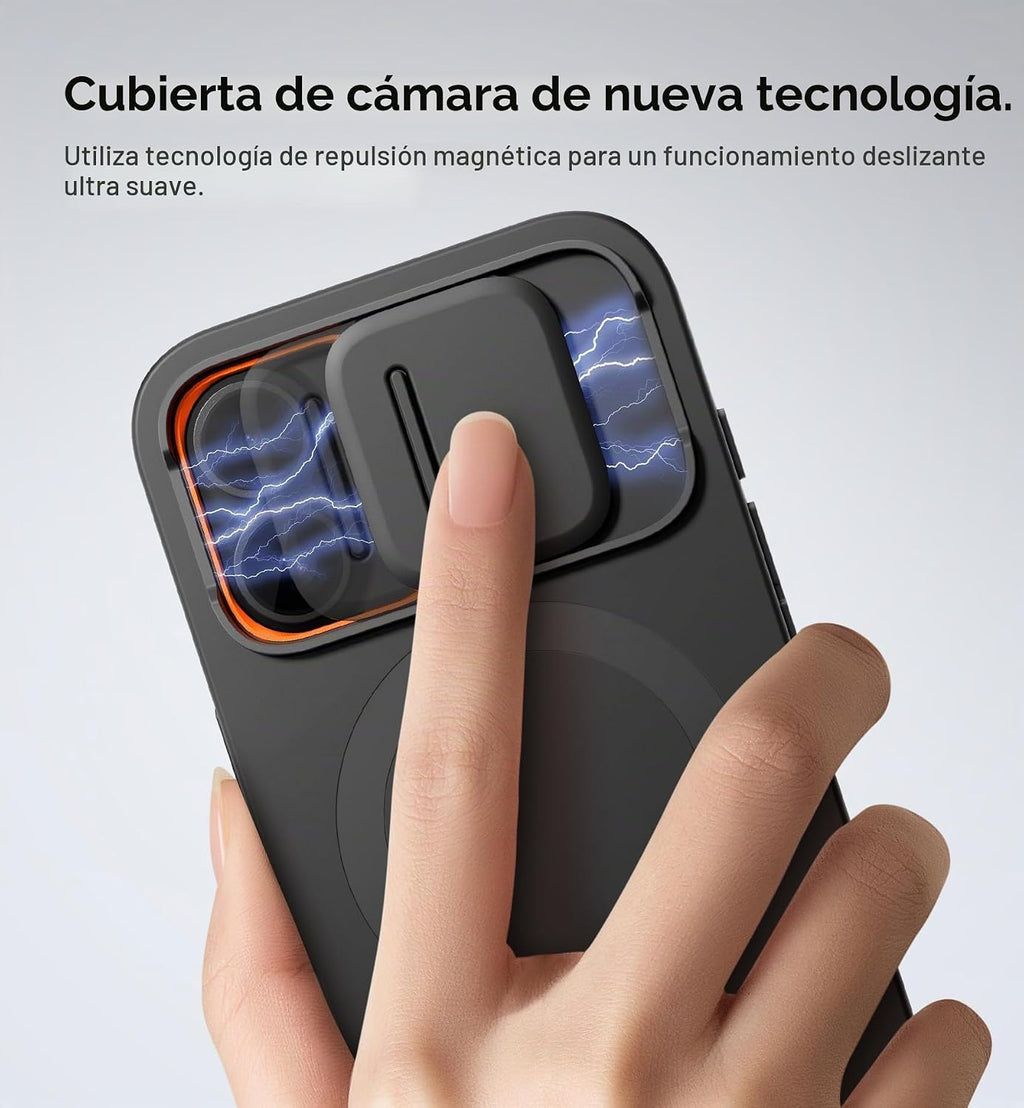 SURITCH Funda para iPhone 16 con cubierta magnética para cámara deslizante y soporte ajustable, compatible con MagSafe, funda protectora delgada a prueba de golpes de 6.1 pulgadas, color negro