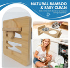 Cuencos elevados para perros y gatos pequeños, soporte elevado ajustable para perros con 6 alturas, inclinación de 15°, alfombrilla de silicona a prueba de derrames, 2 cuencos de acero inoxidable, comedero de bambú