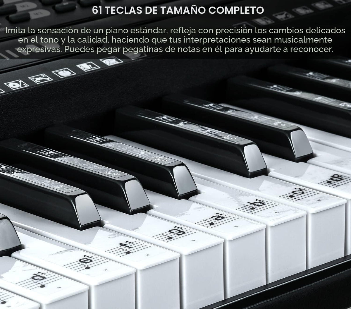 Teclado de piano electrónico portátil de 61 teclas con teclas iluminadas de tamaño completo, LCD, auriculares, soporte en X, taburete, atril para partituras, micrófono, adhesivos para notas, altavoces