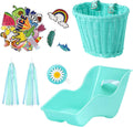 Asiento de bicicleta de muñeca con 30 calcomanías de calcomanías, cesta de bicicleta para niños, manillar de bicicleta, cintas coloridas, borla, margarita, campana de bicicleta para niñas