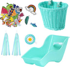 Asiento de bicicleta de muñeca con 30 calcomanías de calcomanías, cesta de bicicleta para niños, manillar de bicicleta, cintas coloridas, borla, margarita, campana de bicicleta para niñas