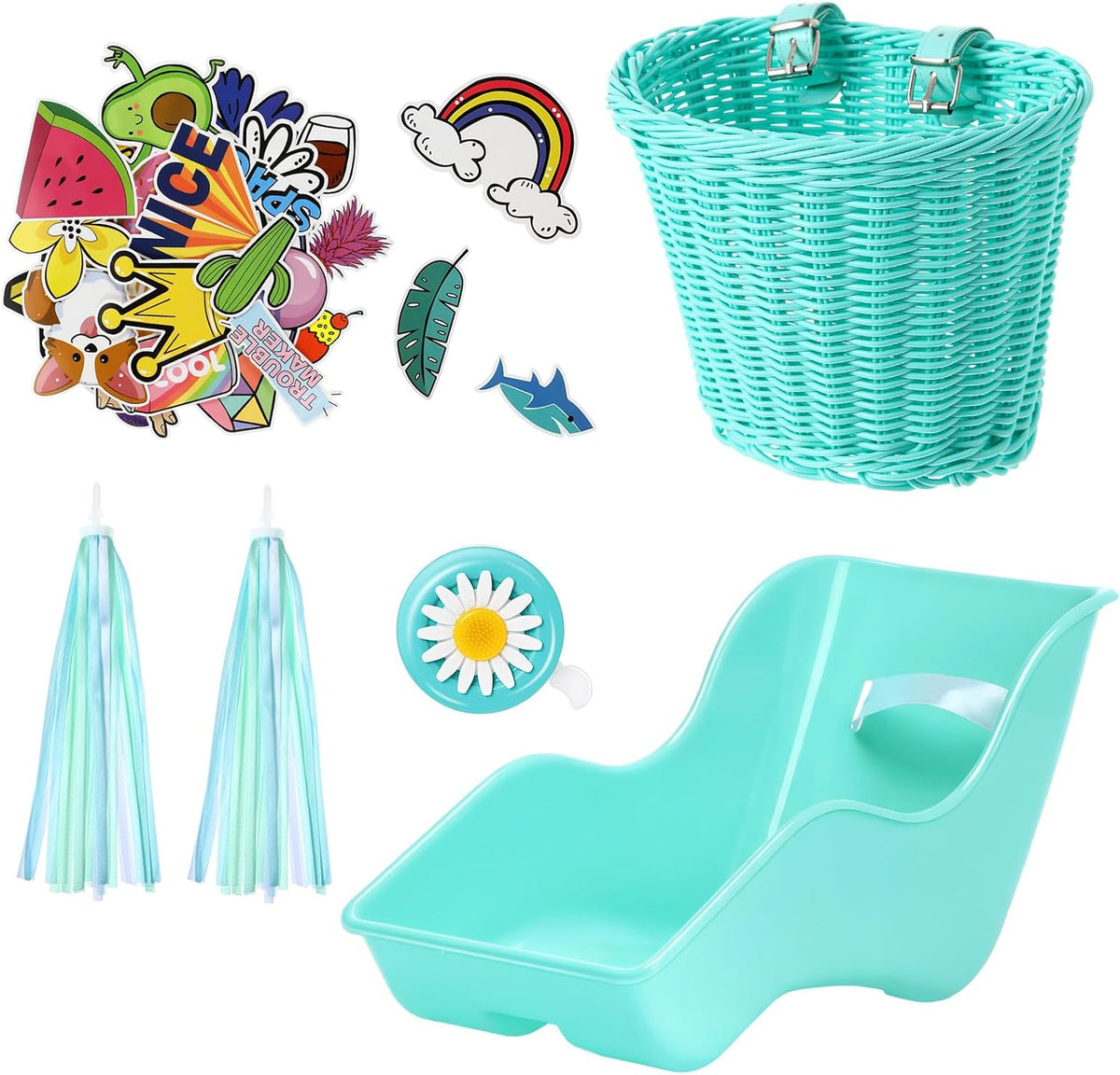 Asiento de bicicleta de muñeca con 30 calcomanías de calcomanías, cesta de bicicleta para niños, manillar de bicicleta, cintas coloridas, borla, margarita, campana de bicicleta para niñas