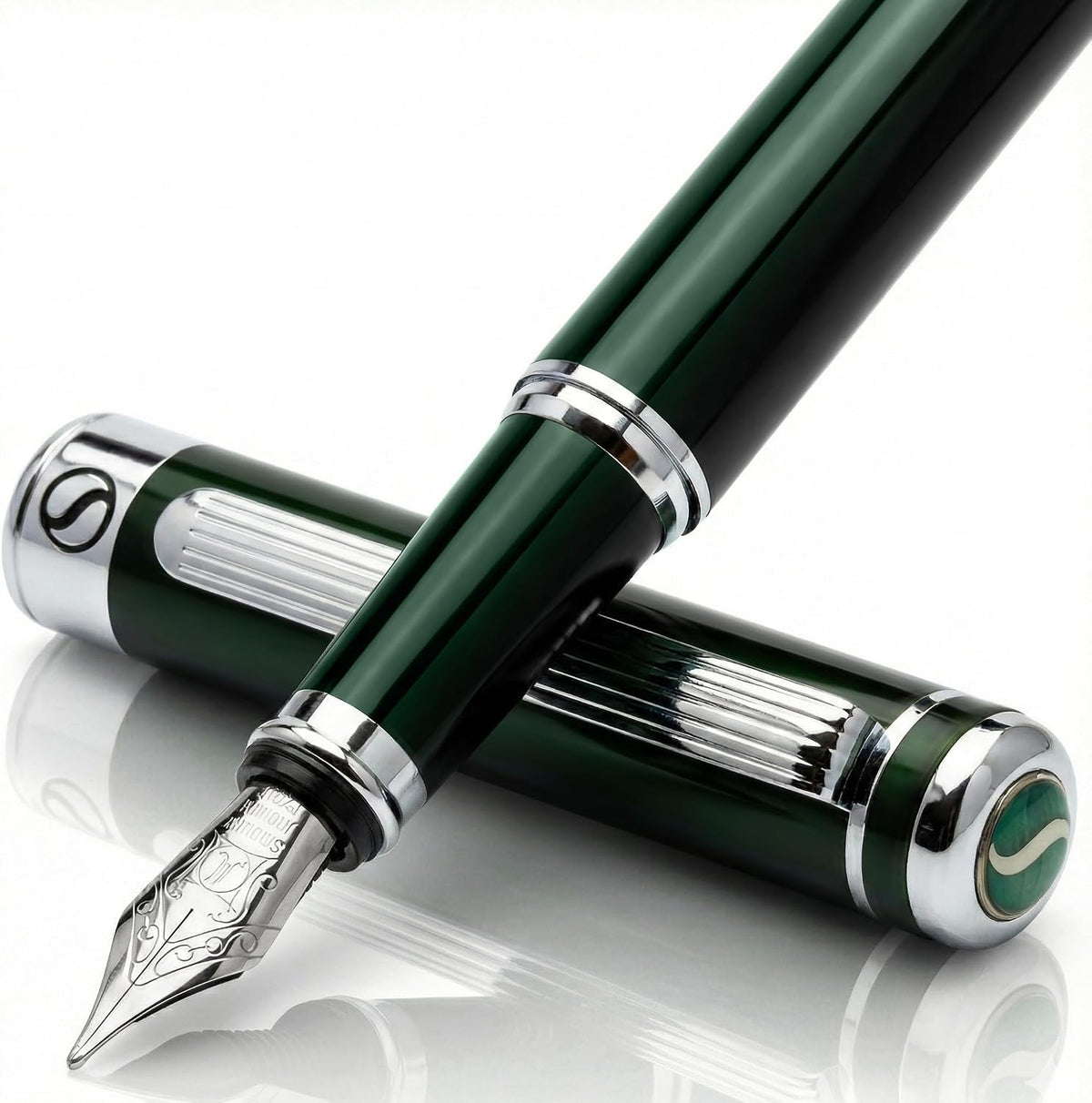 Scriveiner - Pluma fuente British Racing Verde – Impresionante pluma de lujo con acabado cromado, punta Schmidt (mediana), el mejor juego de regalo para hombres y mujeres, profesionales, ejecutivos