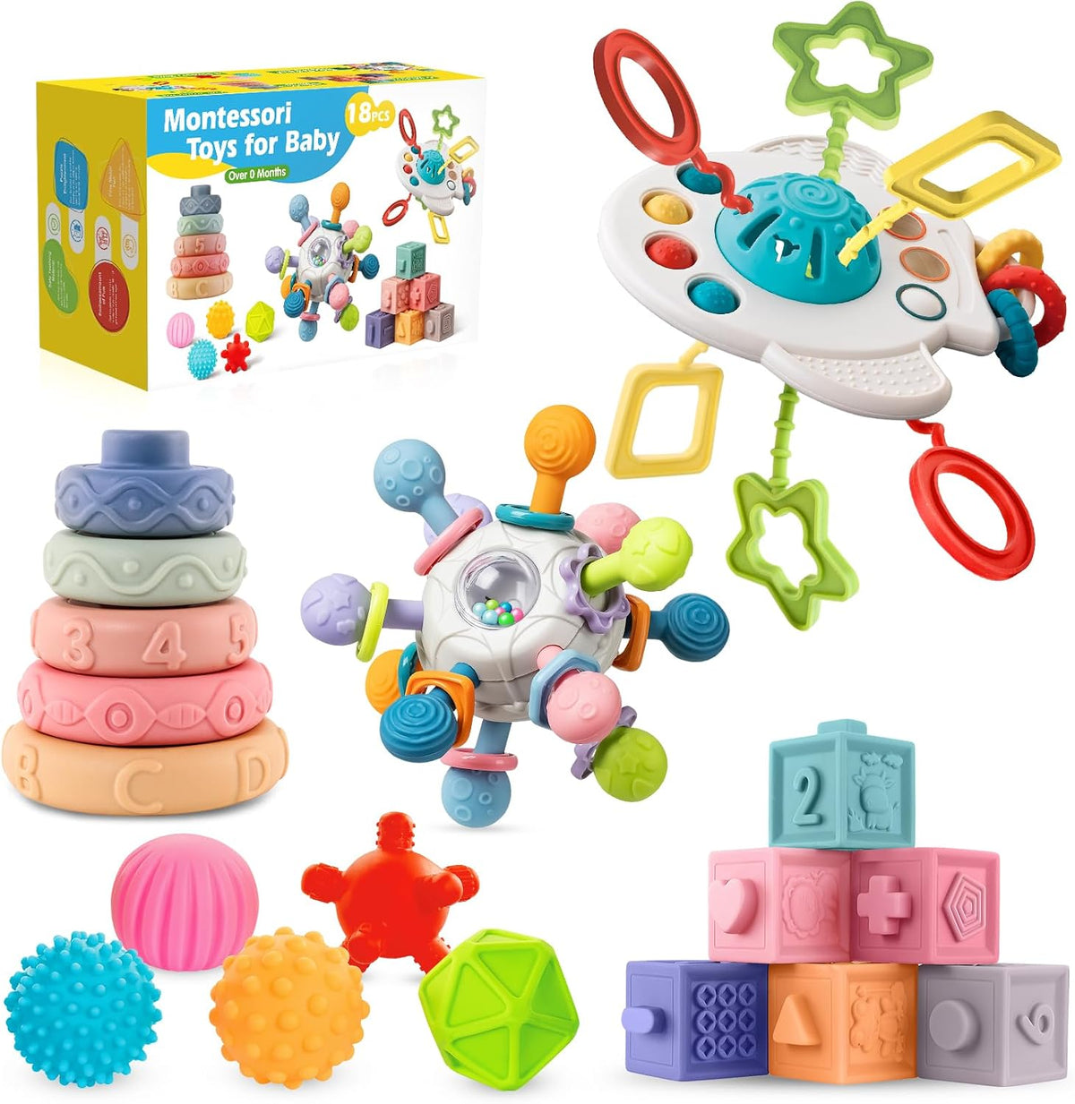 Juguetes para bebés de 0-3-6-12 meses, juguetes Montessori 5 en 1 para bebés, juguete de dentición y bloque de construcción apilable y anillo y cuerda de silicona para tirar, juguete para