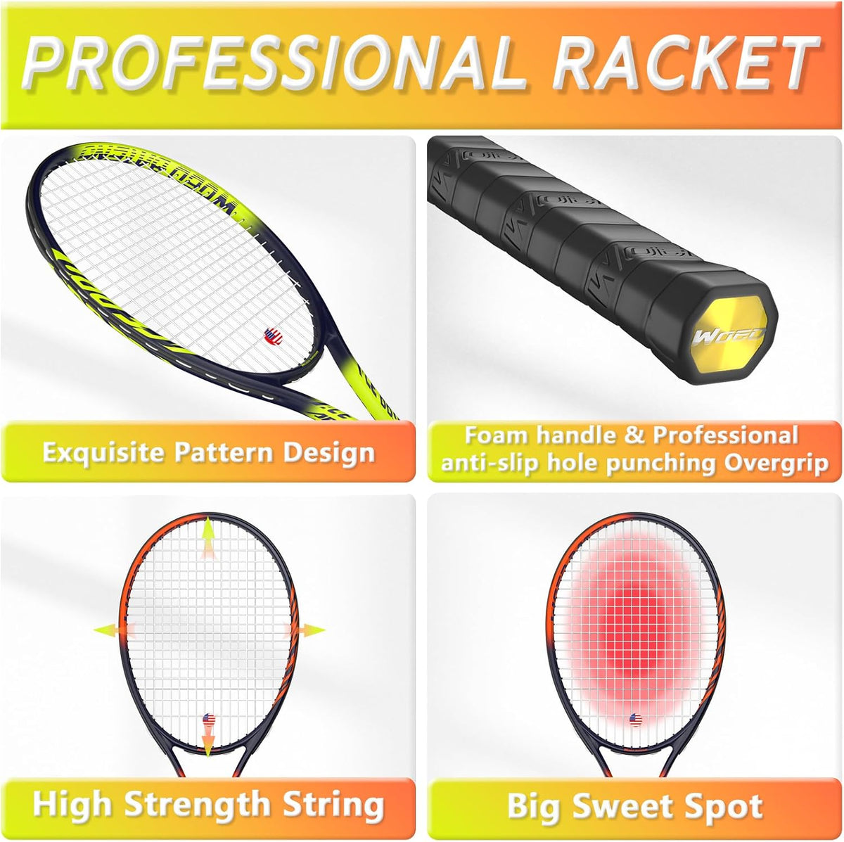 Raqueta de tenis profesional para adultos, 2 jugadores de 27 pulgadas, raqueta de tenis de velocidad aceptable para principiantes y profesionales con 3 pelotas de tenis, 2 amortiguadores de vibración,