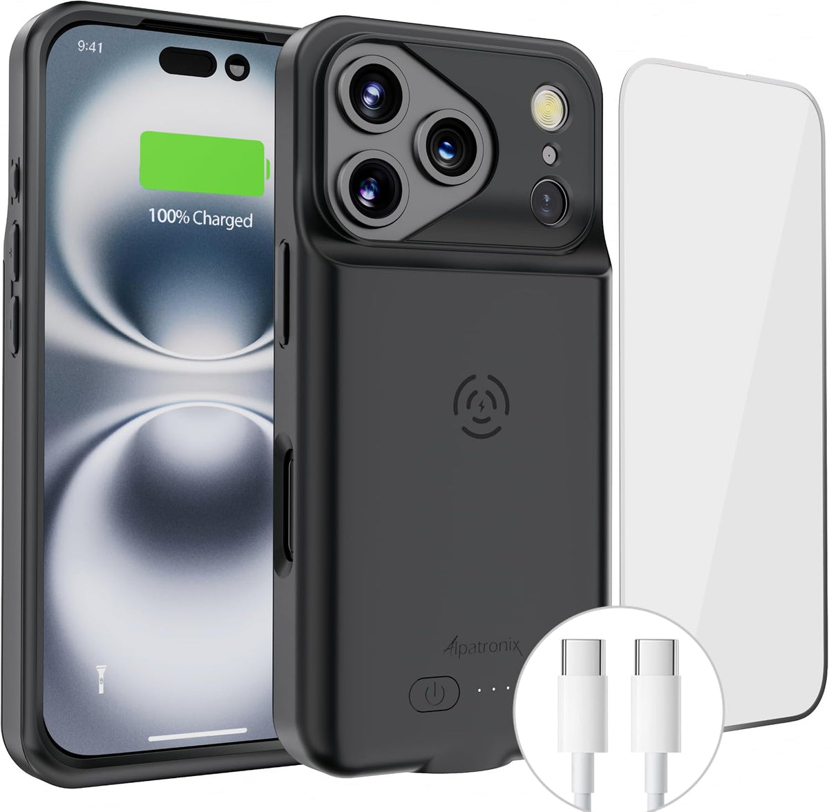 Alpatronix Funda con Batería para iPhone 17 Pro, Funda Cargadora Extendida Protectora Resistente Delgada Portátil, Carga Rápida de 15W, Alta Capacidad con Funda de Carga Inalámbrica. Negro