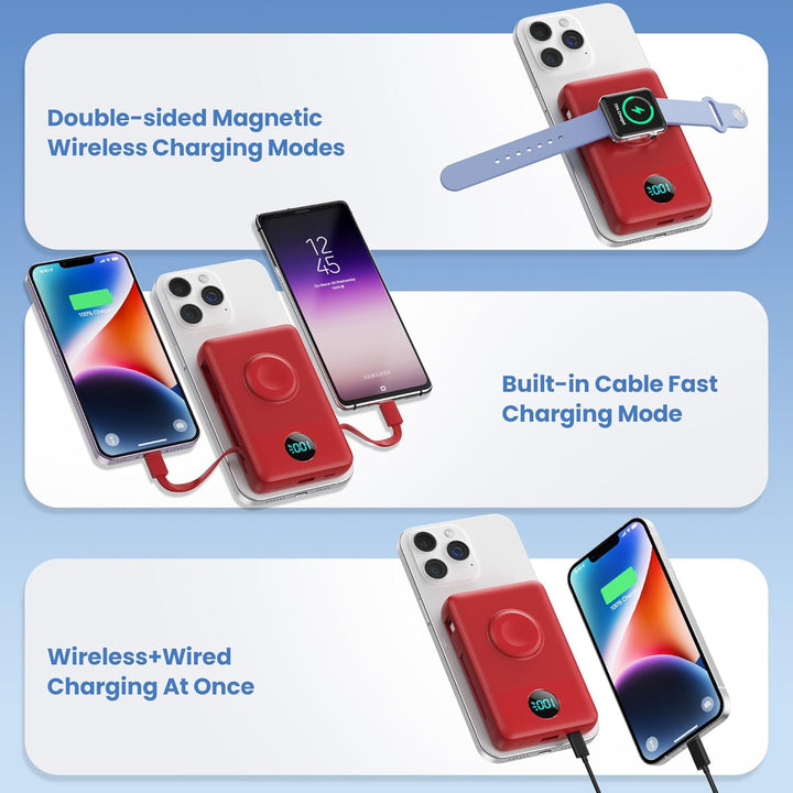 Cargador portátil magnético 6 en 1 para iPhone con cables integrado...