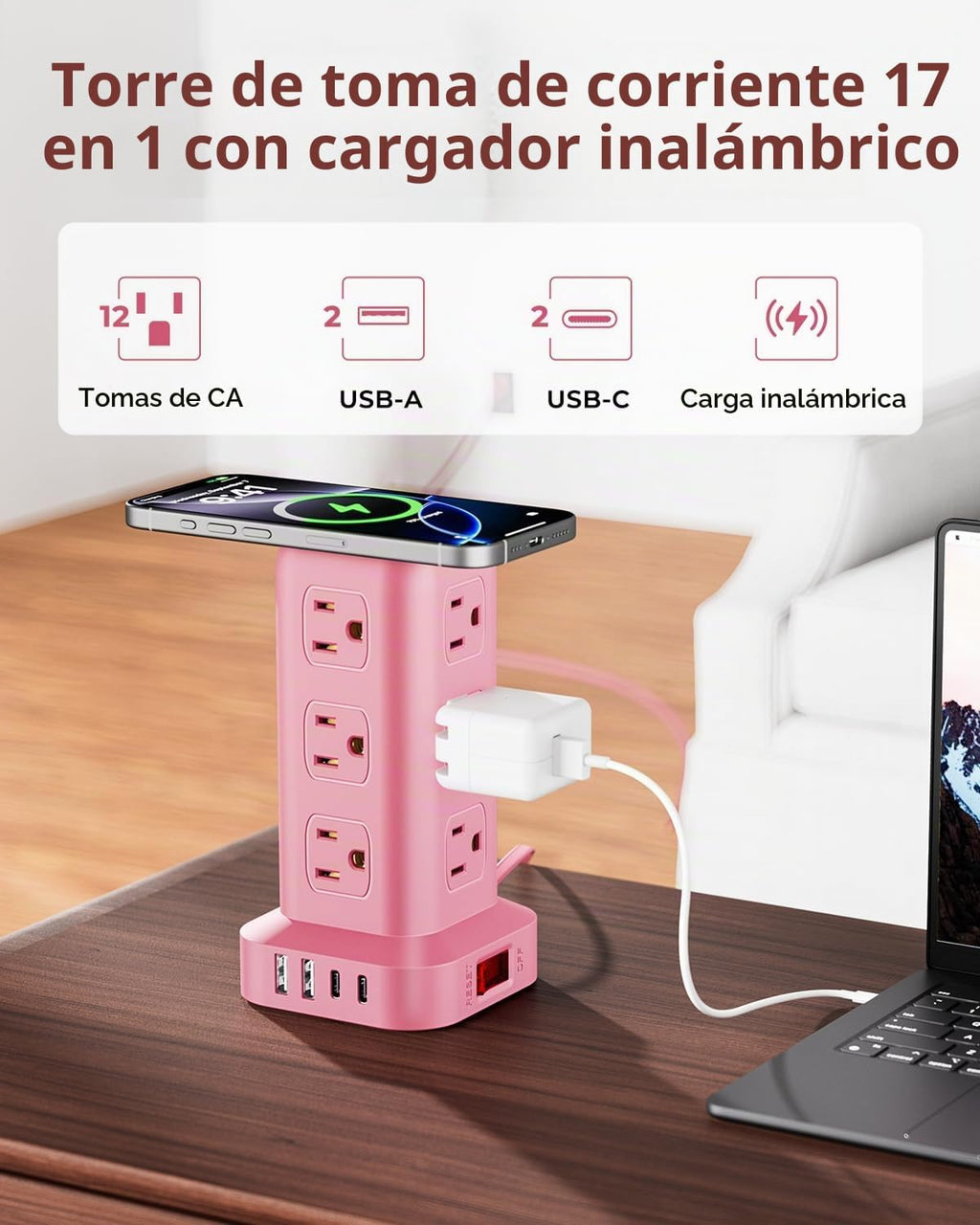 Regleta de alimentación rosa con 12 tomas, 4 USB (1 USB C), cable de extensión de 6.5 pies con múltiples tomas, estación de carga, torre de regleta de alimentación, suministros de escritorio de