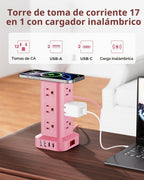 Regleta de alimentación rosa con 12 tomas, 4 USB (1 USB C), cable de extensión de 6.5 pies con múltiples tomas, estación de carga, torre de regleta de alimentación, suministros de escritorio de