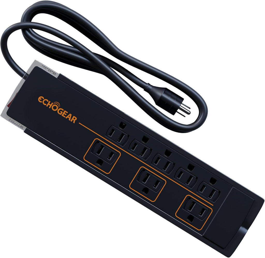 ECHOGEAR ShockBlocker Regleta de Protección contra Sobretensiones de 8 Tomas - Diseño Delgado Puede Alimentar y Proteger Toda tu Configuración de TV, Oficina o Juegos - Supresor de Sobretensiones