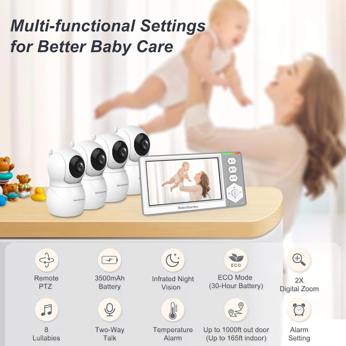 Monitor de bebé Baby Ganibs con 4 cámaras en espera con batería de...