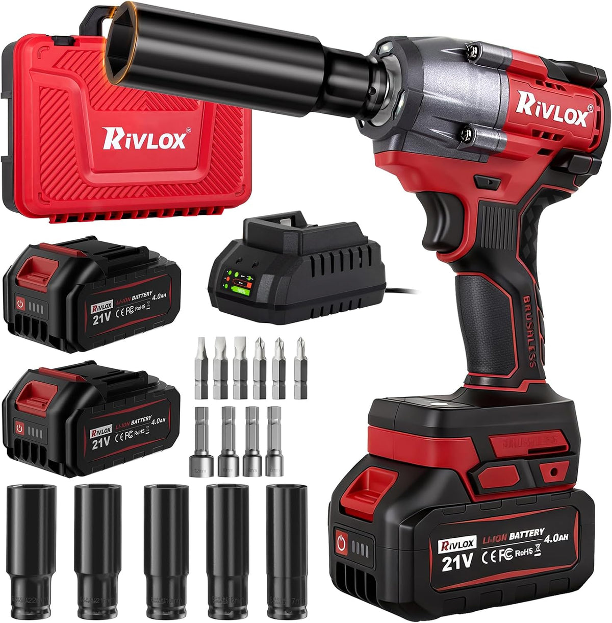 Llave de impacto inalámbrica de 1/2 pulgada, 600 N. M/450 pies-libras, kit de pistola de impacto eléctrico de alto par para neumáticos de coche, RV, luz LED, batería de 4.0 Ah, automóvil/muebles de