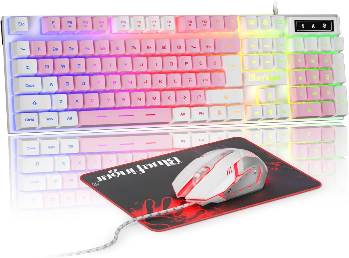 BlueFinger Combo de teclado RGB para juegos y mouse retroiluminado, cable USB, Blanco & Rosa