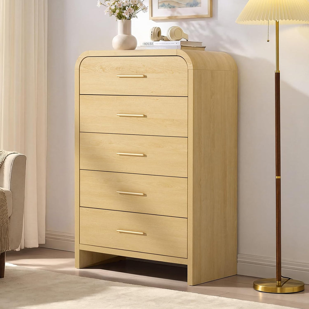 Cómoda curvada de 5 cajones para dormitorio, cómoda de 31 pulgadas de ancho, armario de almacenamiento moderno para pasillo y sala de estar, soporte de TV, certificado FSC de 1.18 pulgadas de
