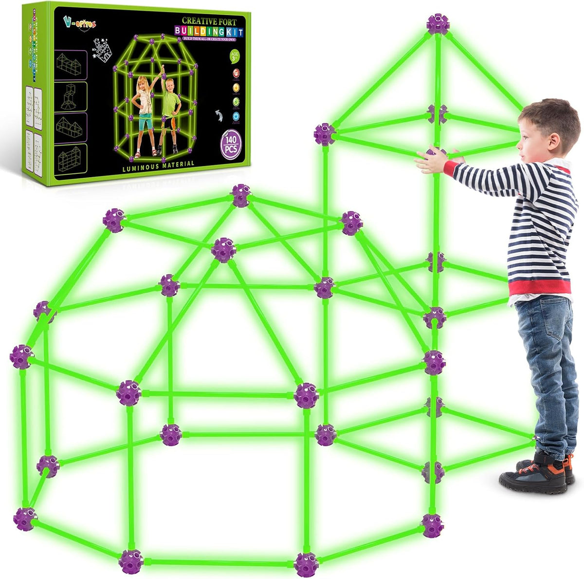 140 Pack Kits de Construcción de Fuertes con Brillo en la Oscuridad para Niños de 4, 5, 6, 7, 8+ Años de Edad, Juguetes de Construcción STEM para Castillos, Túneles, Regalos Ideales para