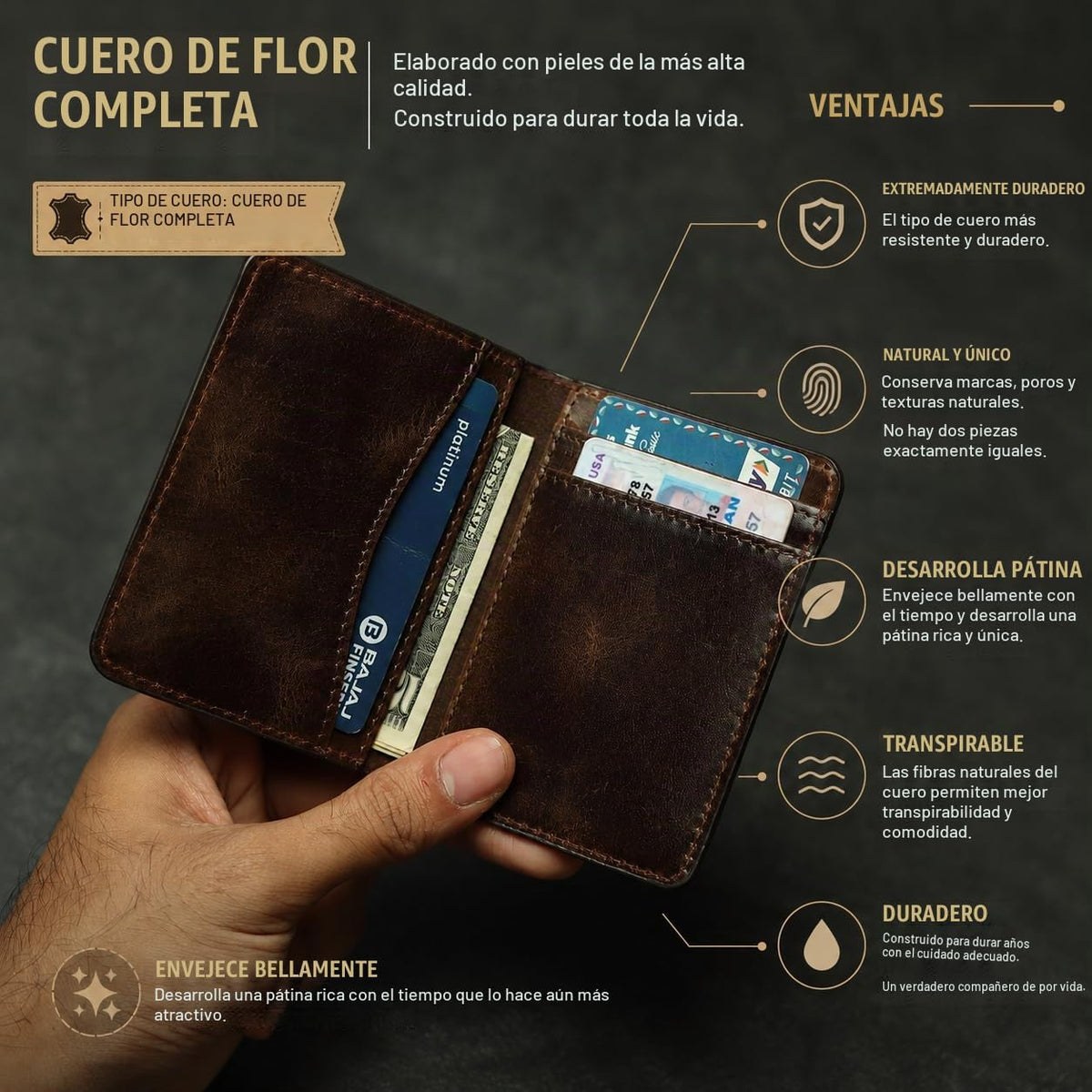 Tarjetero de cuero de grano completo para hombres y mujeres, billetera delgada y plegable con bloqueo RFID, bolsillo frontal delgado, cartera minimalista con bolsillo frontal, funda pequeña para tarjetas.