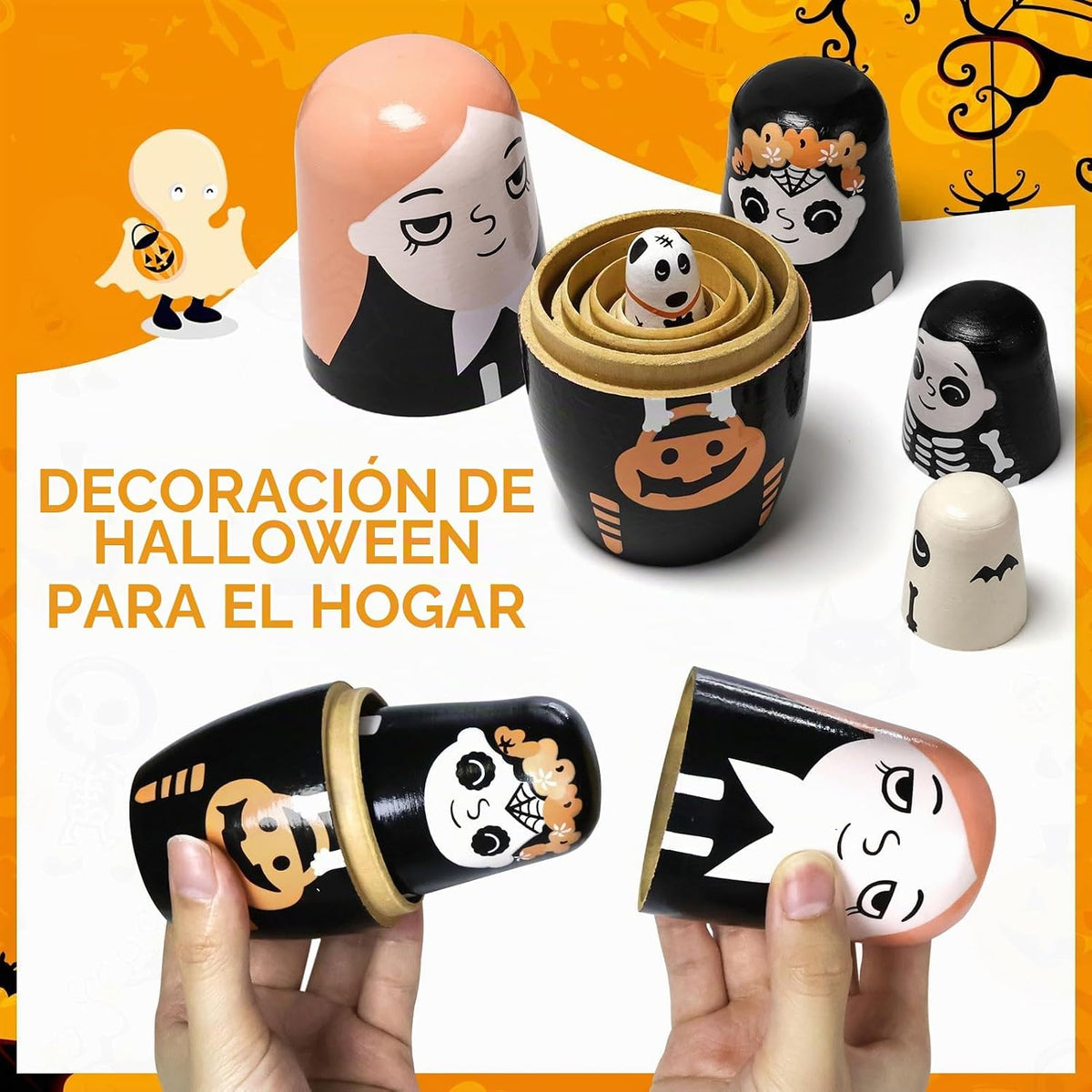 Muñecas anidables de Halloween, 5 muñecas rusas de 6 pulgadas de alto, Matryoshka hechas a mano para niños, juguetes apilables de madera para decoración de fiesta en casa de Halloween (niñas