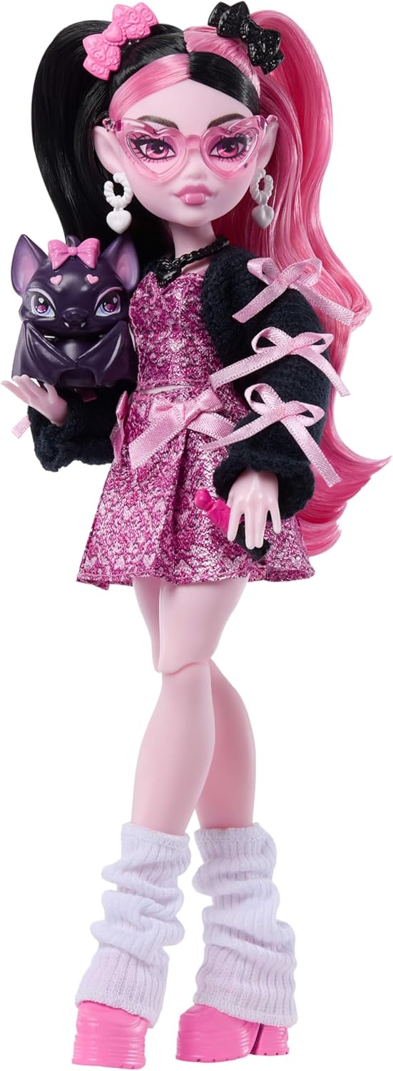 Muñeca Monster High, Draculaura en vestido de lazo rosa y chaqueta...