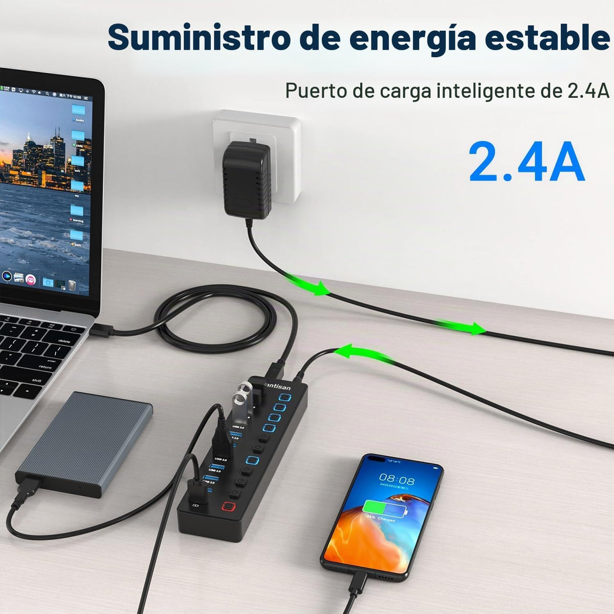 vantisan, A2011, hub USB 3.0 de 11 puertos, alimentado, con puerto de carga inteligente