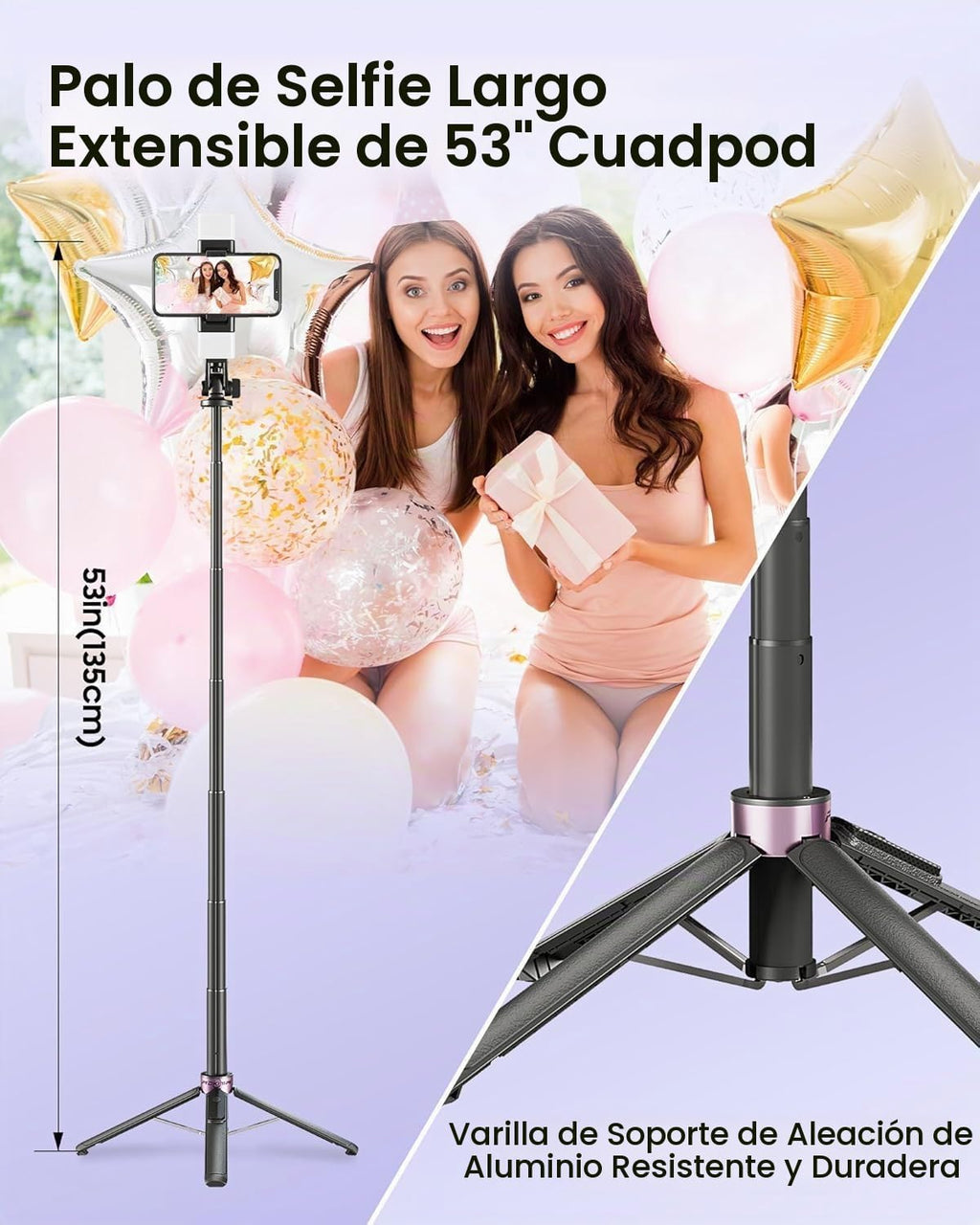 Trípode para selfie stick de 53 pulgadas con luz, soporte mejorado para teléfono celular de 4 patas, trípode para cámara con control remoto inalámbrico recargable y 2 luces de llenado, portátil