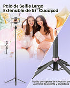 Trípode para selfie stick de 53 pulgadas con luz, soporte mejorado para teléfono celular de 4 patas, trípode para cámara con control remoto inalámbrico recargable y 2 luces de llenado, portátil
