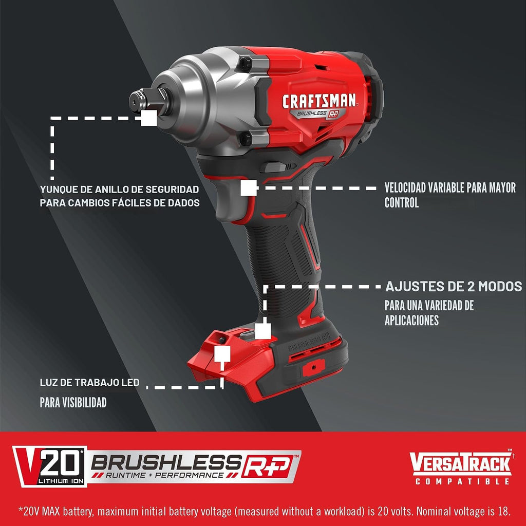 CRAFTSMAN V20 Llave de impacto inalámbrica, 1/2 pulgada, solo herramienta (CMCF921B)