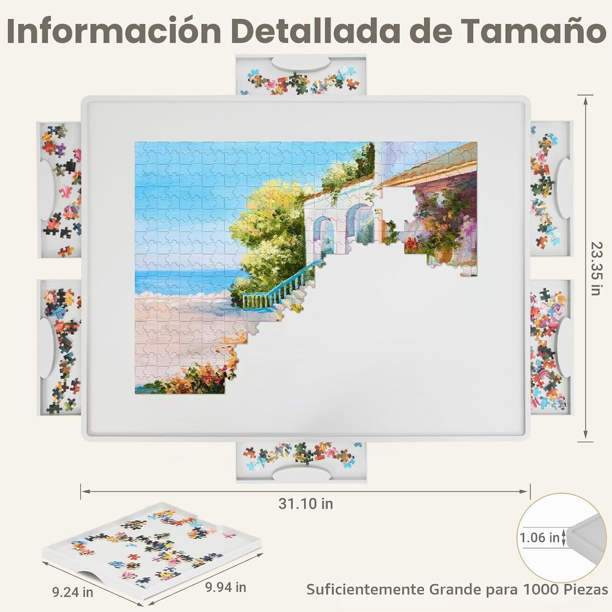 ALL4JIG Tablero de rompecabezas de plástico giratorio ligero de 1000 piezas con 6 cajones y cubierta, diseño Lazy Susan de 360°, mesa giratoria portátil de 30.2 x 22.44 pulgadas para adultos