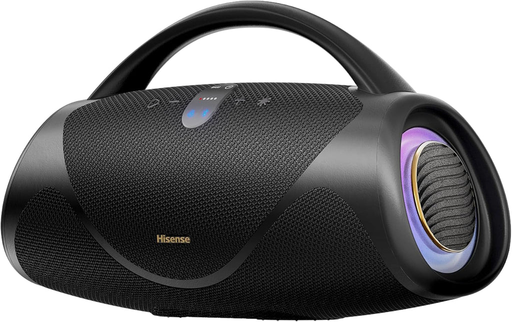 Hisense VoyageBoom - Altavoz Bluetooth portátil, resistente al agua IP67, a prueba de polvo y golpes, hasta 24 horas de tiempo de reproducción, graves masivos, luz ambiental, banco de potencia