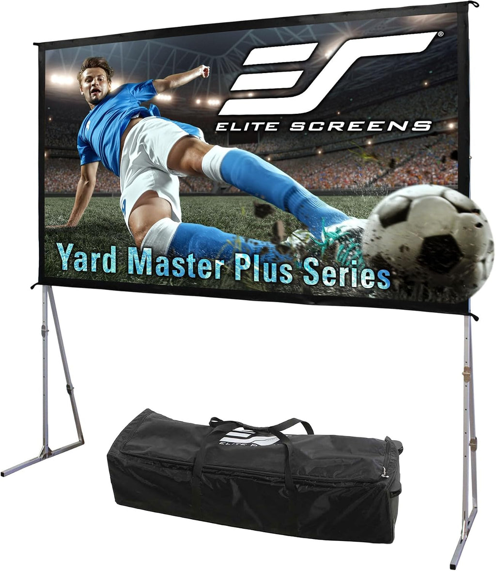 Elite Screens Yard Master Plus, pantalla portátil ajustable en altura de 145 pulgadas 16:9, pantalla de proyección para cine al aire libre y en interiores, 4K HD, proyección frontal, empresa con sede