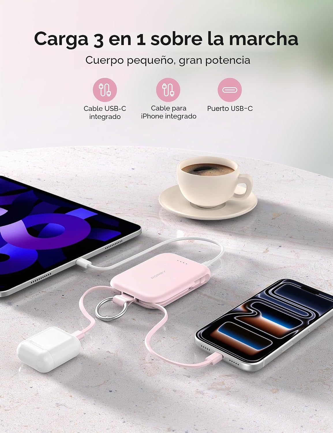 RORRY Cargador portátil, cargador portátil de 5000 mAh con cables i...