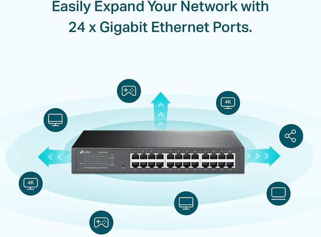 TP-Link - Switch Gigabit de 24 puertos, fácil gestión inteligente, fácil instalación, escritorio/montaje en rack, metal resistente con puertos blindados, compatible con QoS, Vlan, IGMP y agregación de