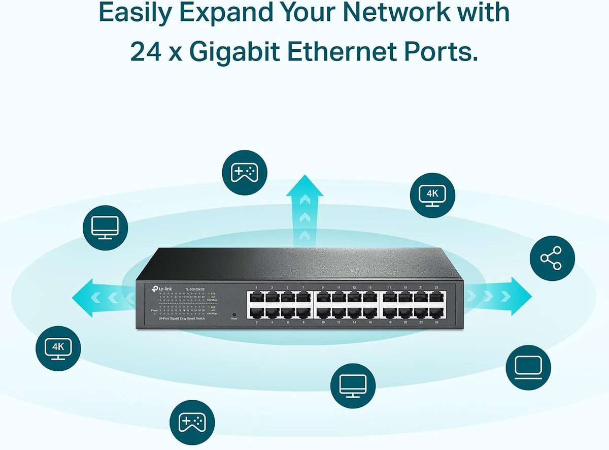 TP-Link - Switch Gigabit de 24 puertos, fácil gestión inteligente, fácil instalación, escritorio/montaje en rack, metal resistente con puertos blindados, compatible con QoS, Vlan, IGMP y agregación de