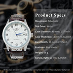 Gute Reloj para hombre, esqueleto mecánico, steampunk, automático, automático, números arábigos, manos azules, marrón, cuero sintético, reloj de pulsera, Marrón, Mecánico, Automático