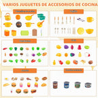Mini accesorios de cocina de 200 piezas para niños a partir de 3 años, juego de cocina de simulación con utensilios de cocina, vajilla y 2 juegos de frutas, regalo de aprendizaje para niñas y niños, amarillo