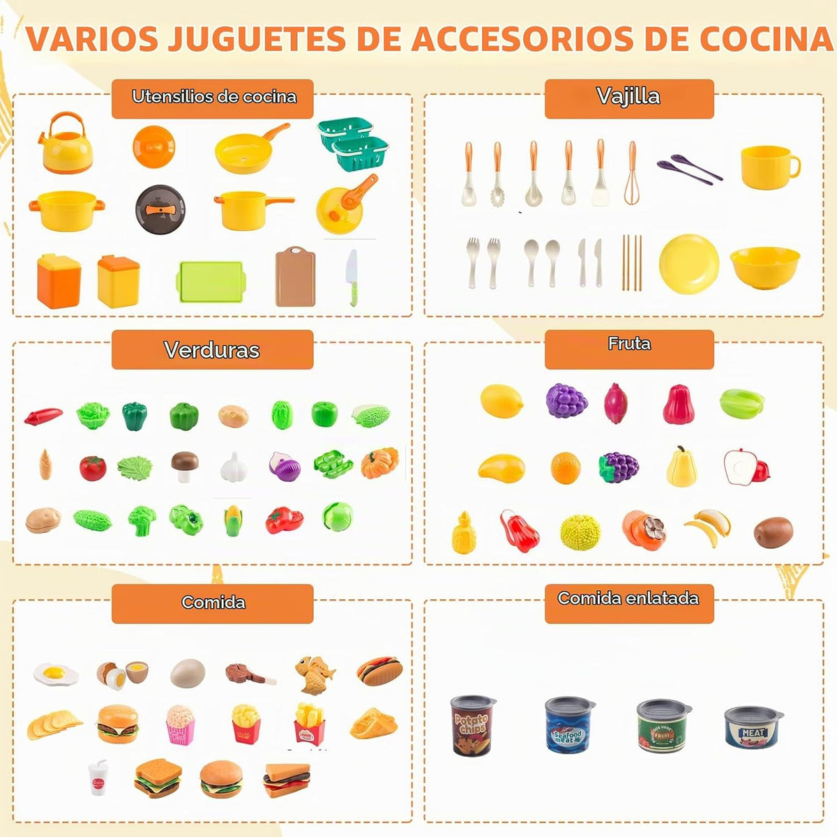 Mini accesorios de cocina de 200 piezas para niños a partir de 3 años, juego de cocina de simulación con utensilios de cocina, vajilla y 2 juegos de frutas, regalo de aprendizaje para niñas y niños, amarillo
