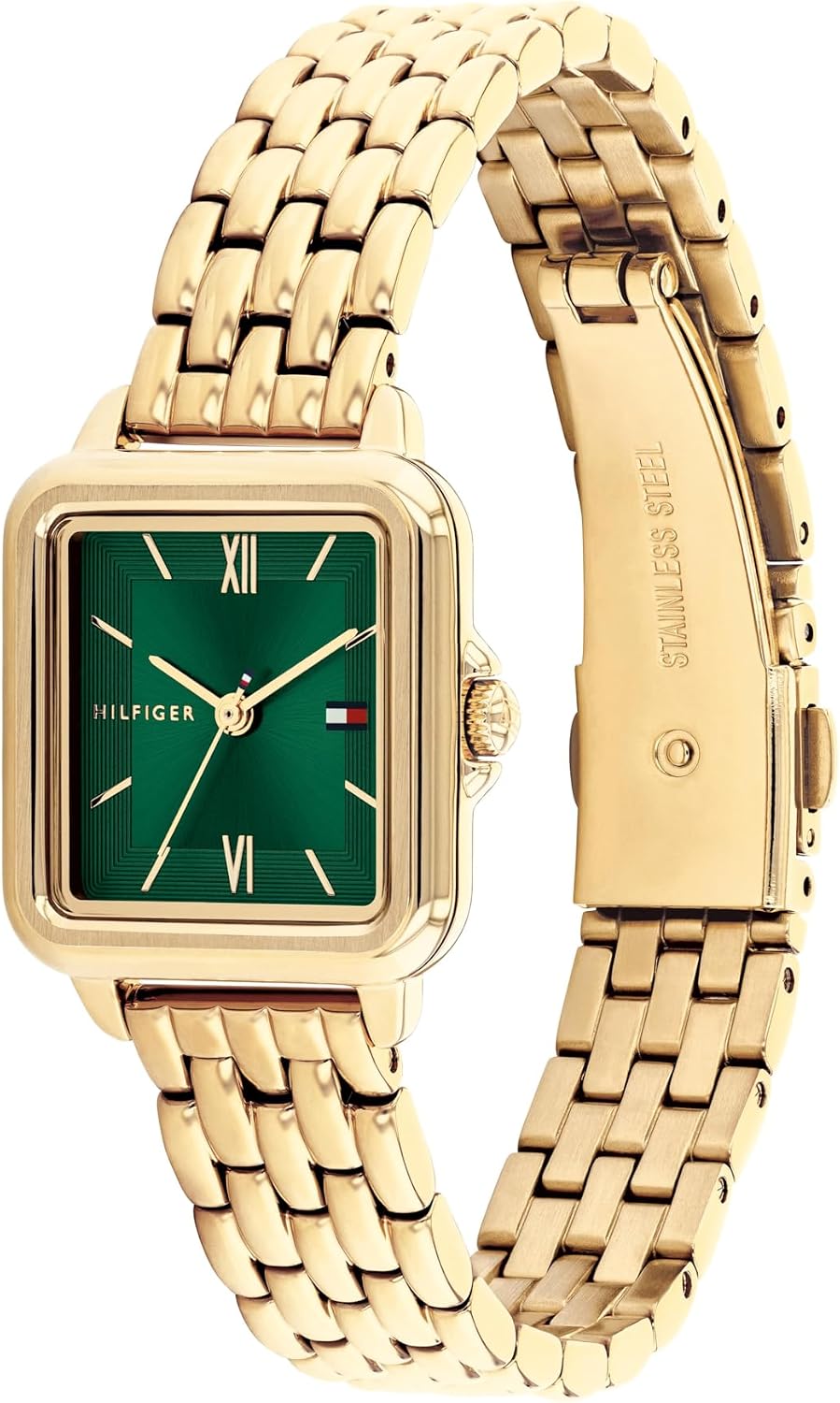 Tommy Hilfiger - Reloj de cuarzo para mujer, mini 24mm, caja de acero inoxidable en forma de tanque, números romanos, brazalete de eslabones, estilo casual de vestir - Regalo para ella