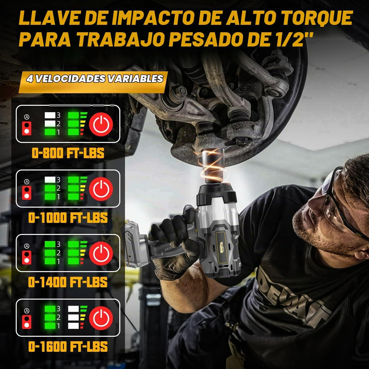 Llave de impacto inalámbrica de 1/2 pulgada compatible con batería Dewalt de 20 V, 1600 pies-libras (2200 N.m), pistola de impacto de alto par resistente, destornillador de impacto de energía eléctrica sin escobillas con 4 modos de velocidad y luz de trab