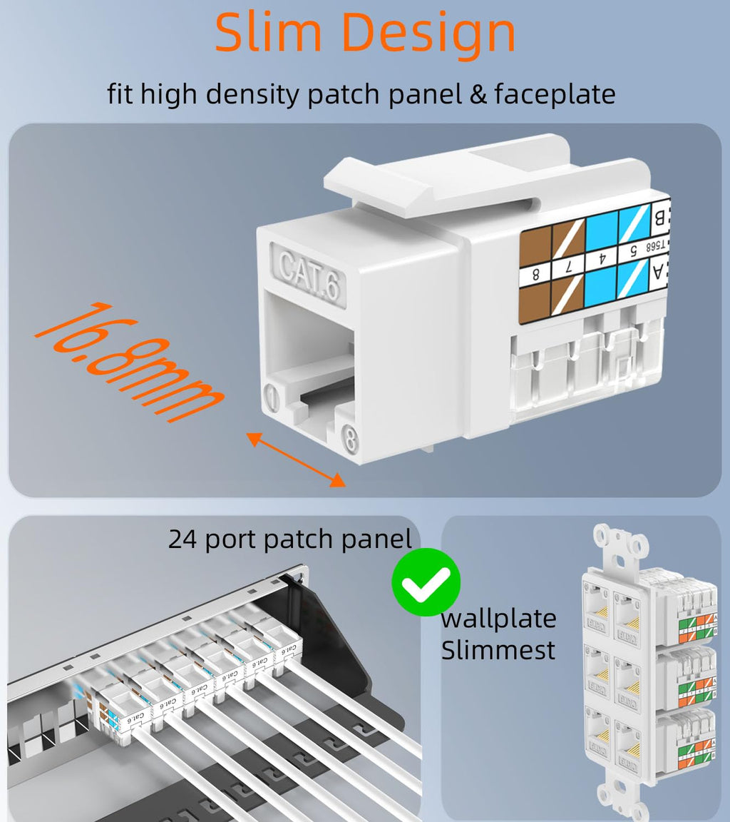 Rapink Soporte de conector Keystone RJ45 Cat6 10G, conectores Keystone UTP 100 unidades para placa de pared y panel de conexiones, Rj45 Keystone 90 grados color blanco para cableado Cat6, Cat5e, Cat5