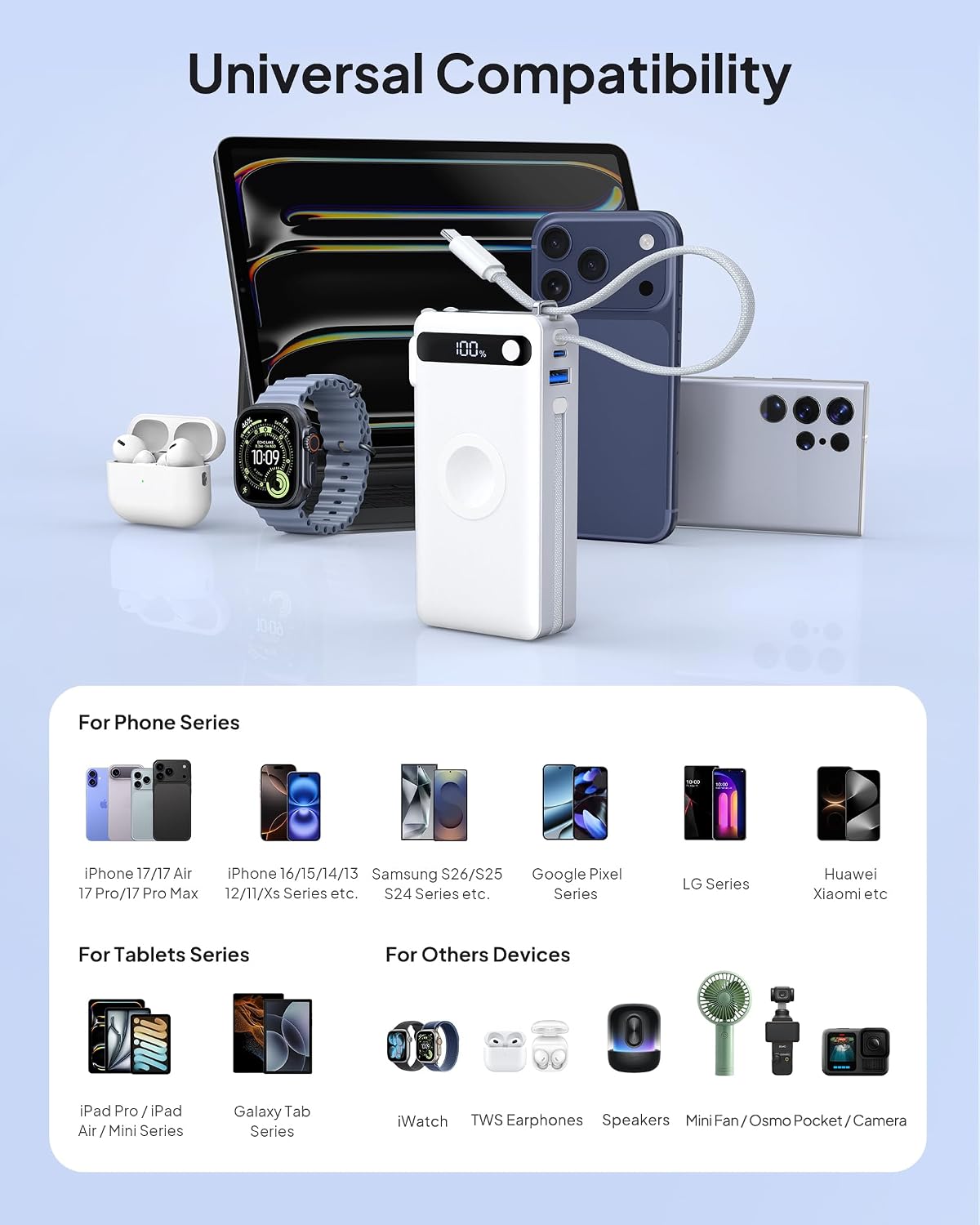 10000mAh 22.5W Power Bank Cargador portátil con cables incorporados...