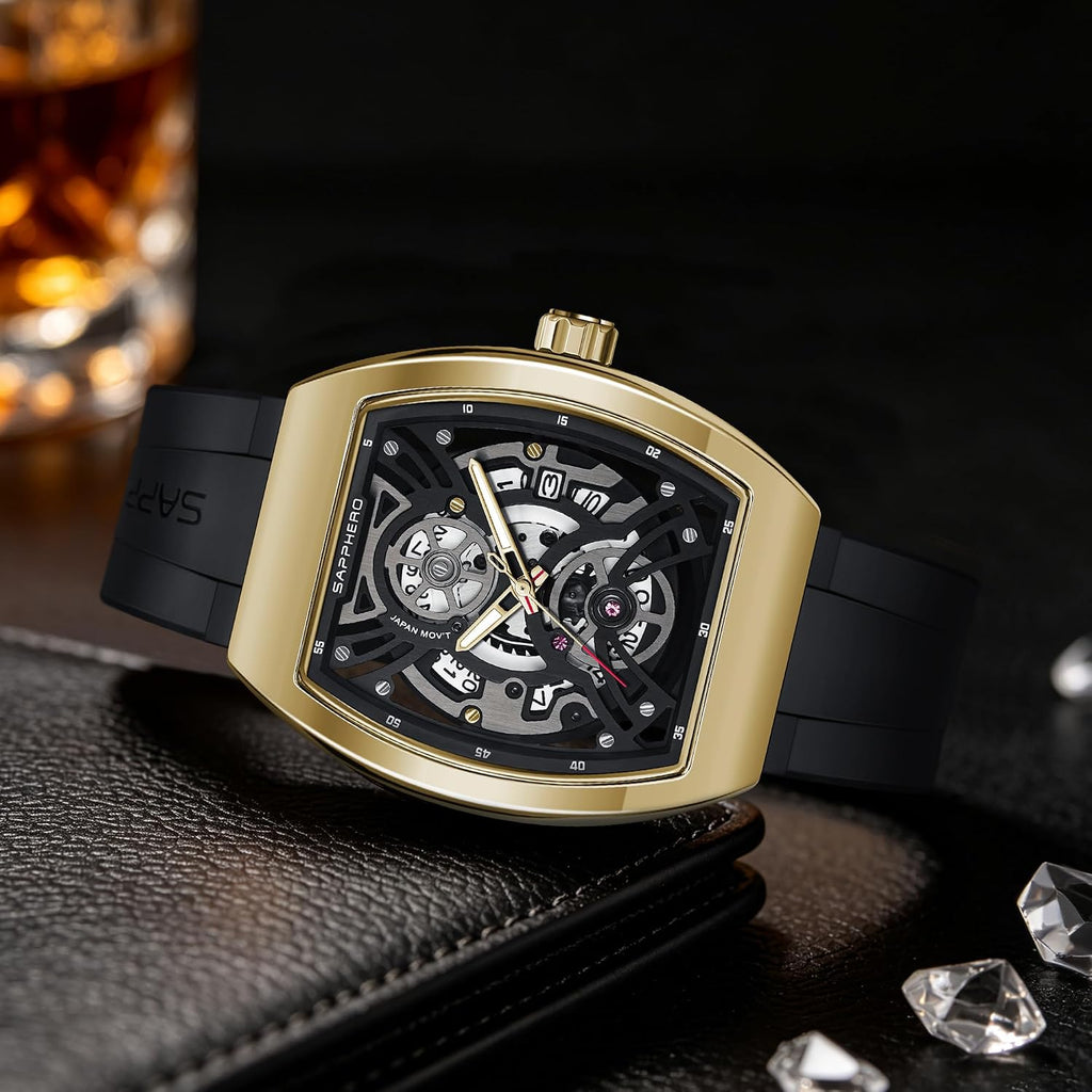 SAPPHERO Reloj para hombre, esfera de esqueleto Tonneau, caja de acero inoxidable, movimiento de cuarzo japonés, correa de silicona, reloj de pulsera deportivo y de moda, resistente a los 30M, fecha