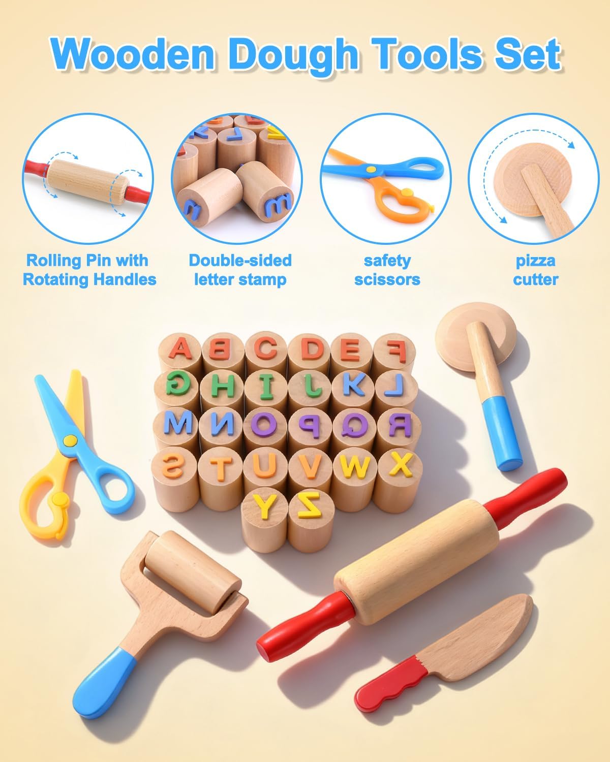 Juego de herramientas de masa de madera para niños de 3 a 6 años
