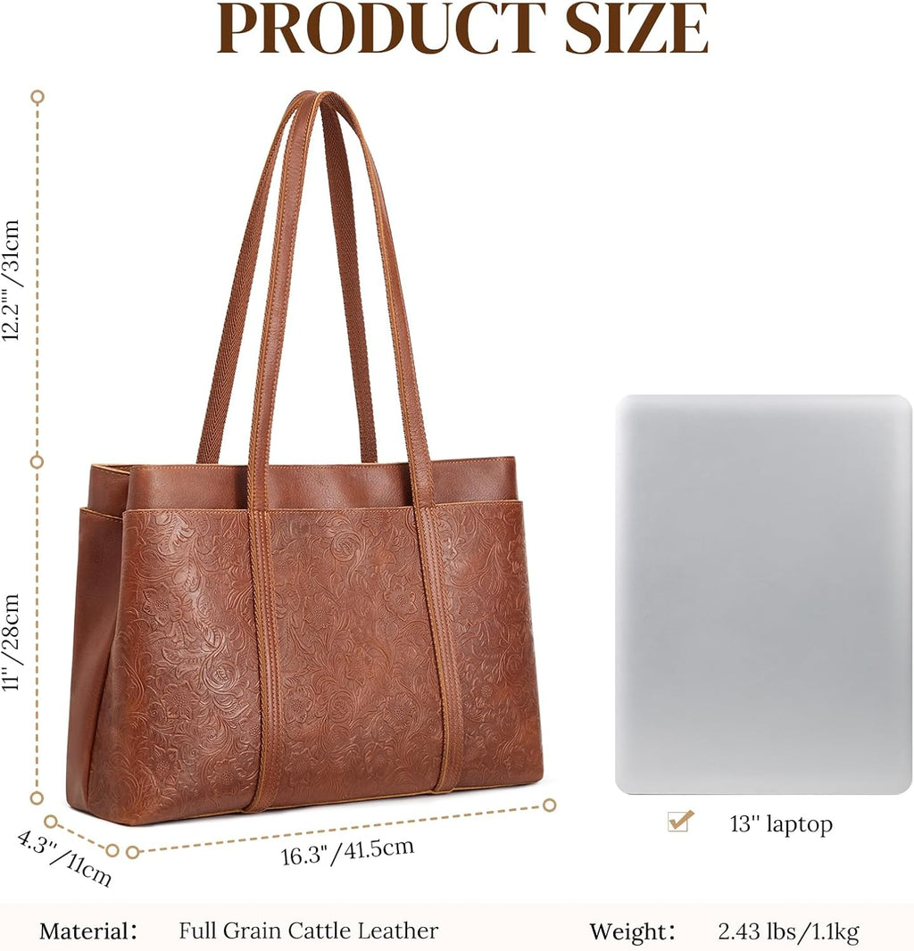 S-ZONE Bolso de mano de cuero para mujer, bolsos grandes de hombro para viajes de trabajo, bolsos de cuero genuino, patrón de rosas