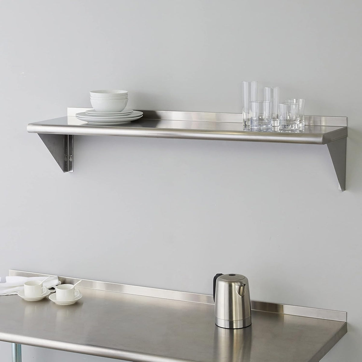 ROCKPOINT Estante de acero inoxidable de 12 x 48 pulgadas, 350 libras, estantes comerciales de metal NSF para montaje en pared, estantería flotante con protector contra salpicaduras para restaurante