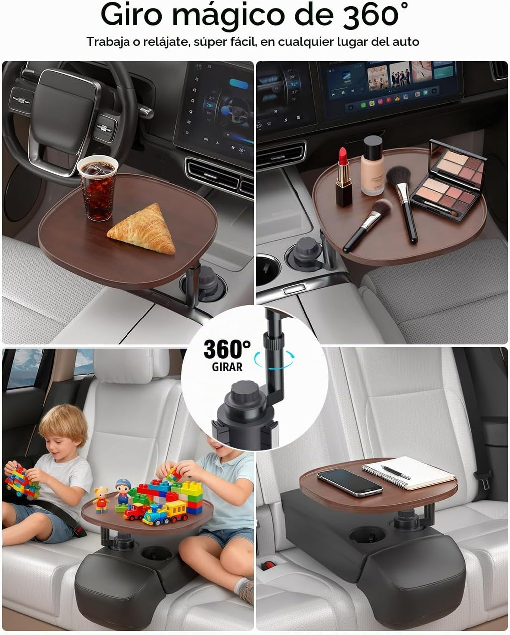 Mesa de bandeja para auto y escritorio para laptop – Trípode giratorio de 360° de altura ajustable, soporte de madera maciza para portátil y soporte para tazas, bandeja para volante para comedor, hogar, picnic al aire libre, senderismo y viajes (ovalado)