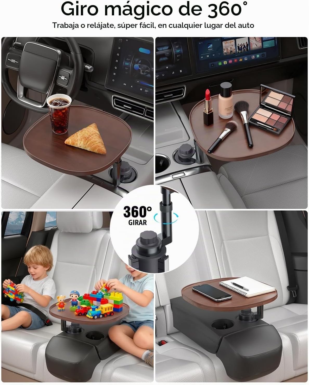 Mesa de bandeja para auto y escritorio para laptop – Trípode giratorio de 360° de altura ajustable, soporte de madera maciza para portátil y soporte para tazas, bandeja para volante para comedor, hogar, picnic al aire libre, senderismo y viajes (ovalado)