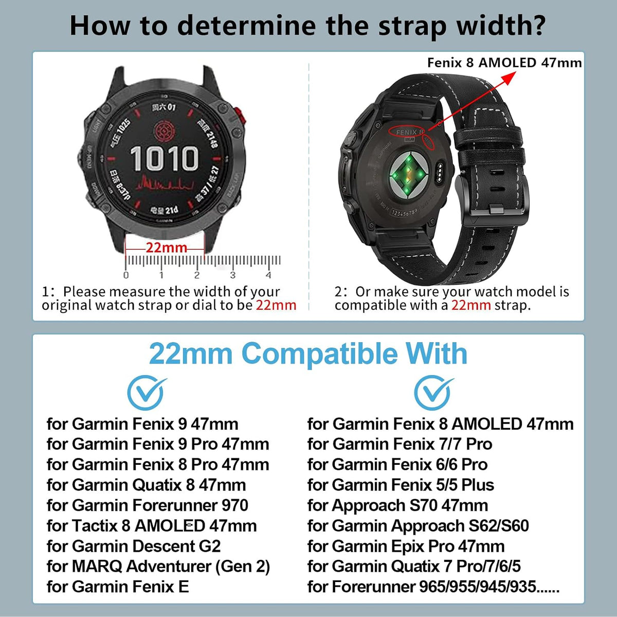 Correa de reloj de cuero Quickfit de 0.866 in para Garmin Fenix 9/8 1.850