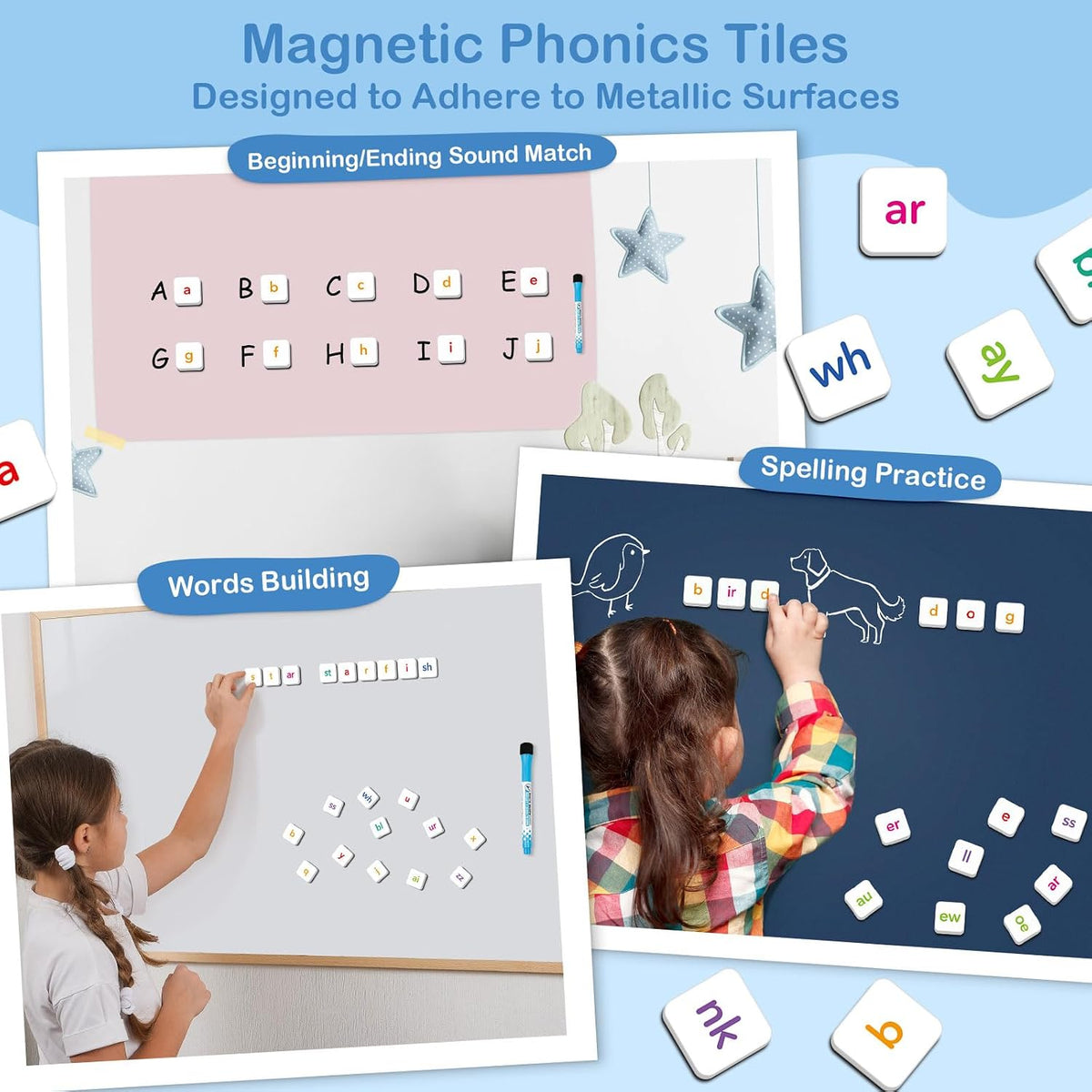 Phonics - Azulejos magnéticos de letras, juegos de fonética para ABC
