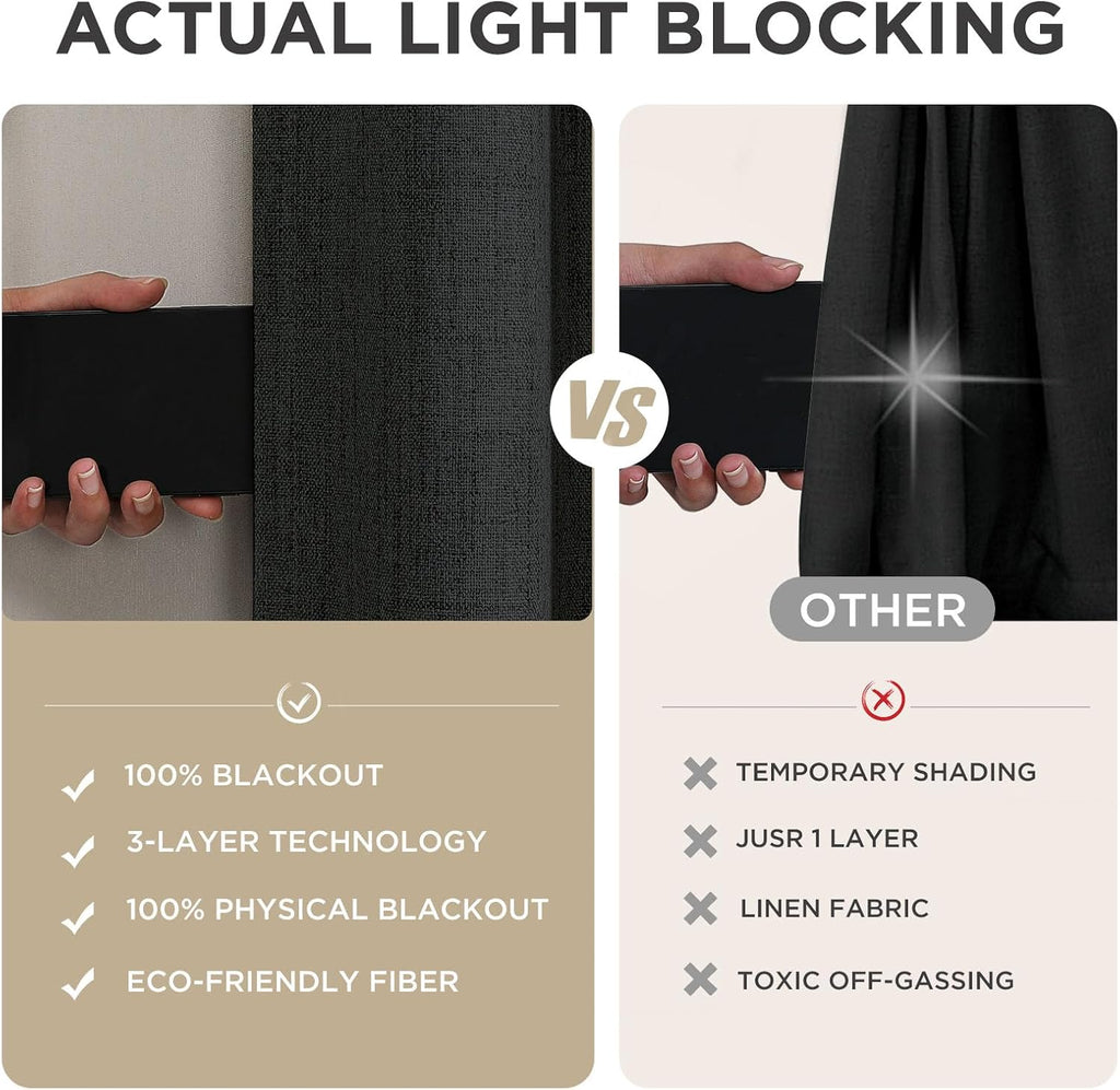 Joydeco - Cortinas 100 % opacas para dormitorio, cortinas de lino natural, cortinas de bloqueo de luz con aislamiento térmico, bolsillo para barra y pestaña trasera, oscurecimiento de privacidad